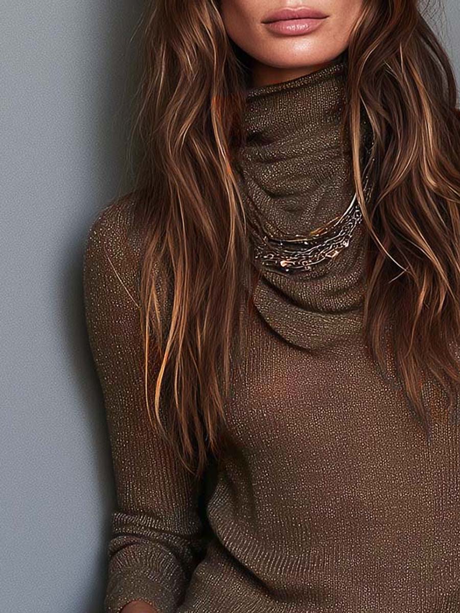 Top Boho Café de Punto Ligero con Cuello Drapeado, Manga Larga y Corte Slim - Café - XL