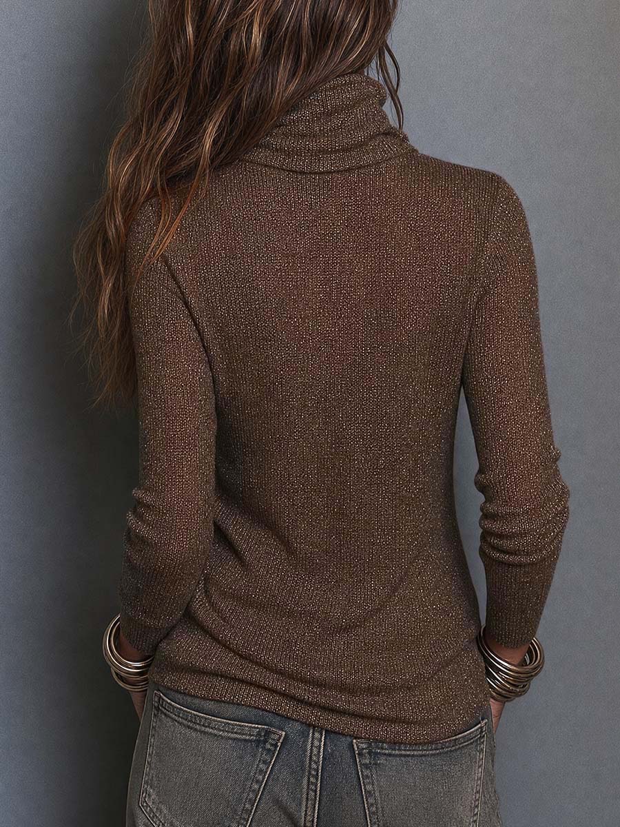 Top Boho Café de Punto Ligero con Cuello Drapeado, Manga Larga y Corte Slim - Café - L
