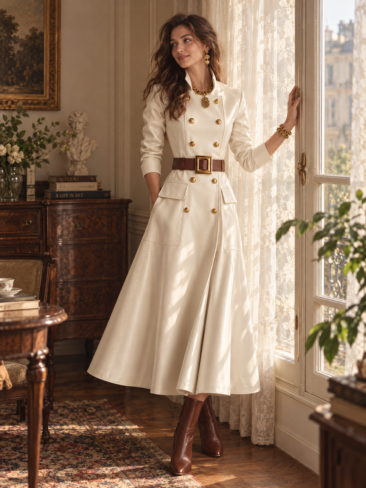 Vestido Abrigo Marfil Refinado con Cinturón y Doble Botonadura - Marfil - S