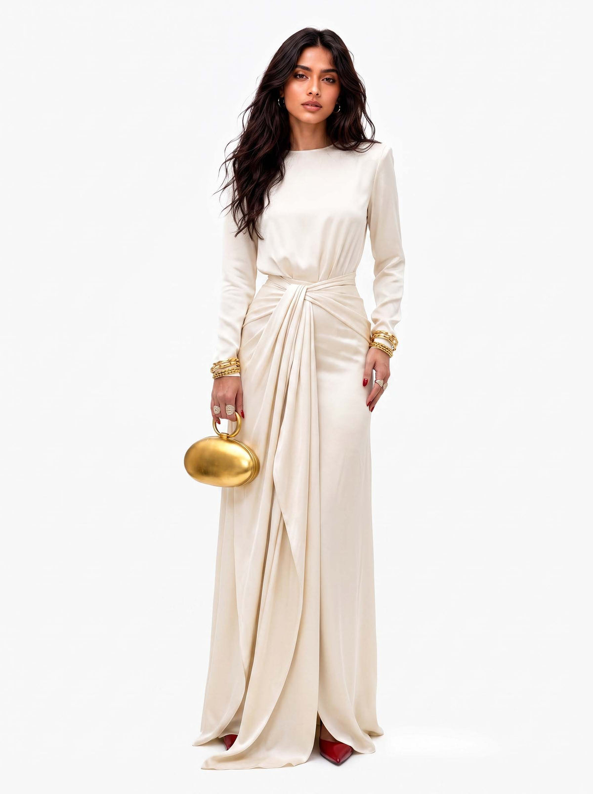 Cassandra | Vestido Largo de Mujer de Satín Drapeado - Blanco - L