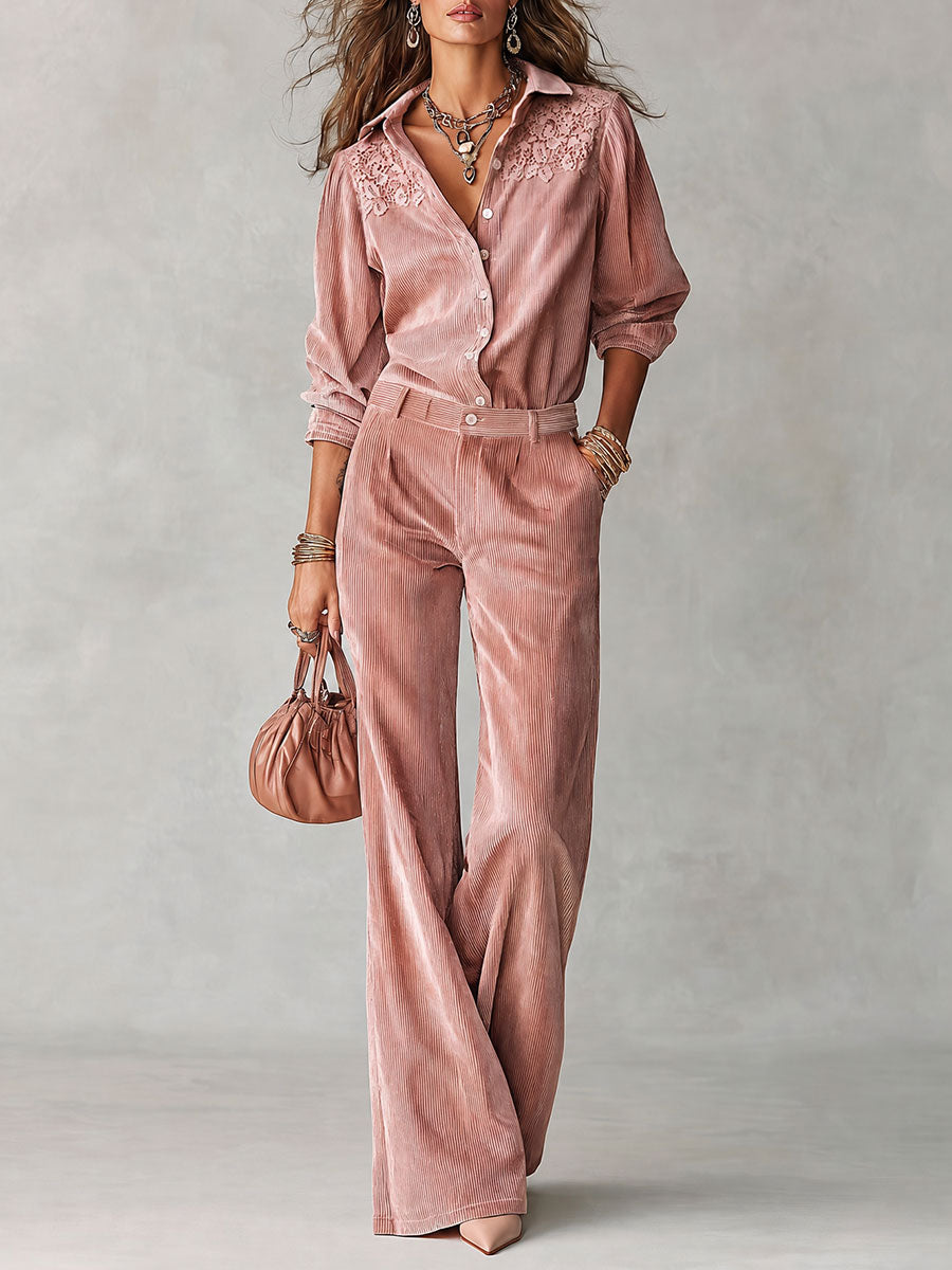 Conjunto Boho de Camisa de Pana con Encaje y Pantalón de Pierna Ancha - Rosa - XS