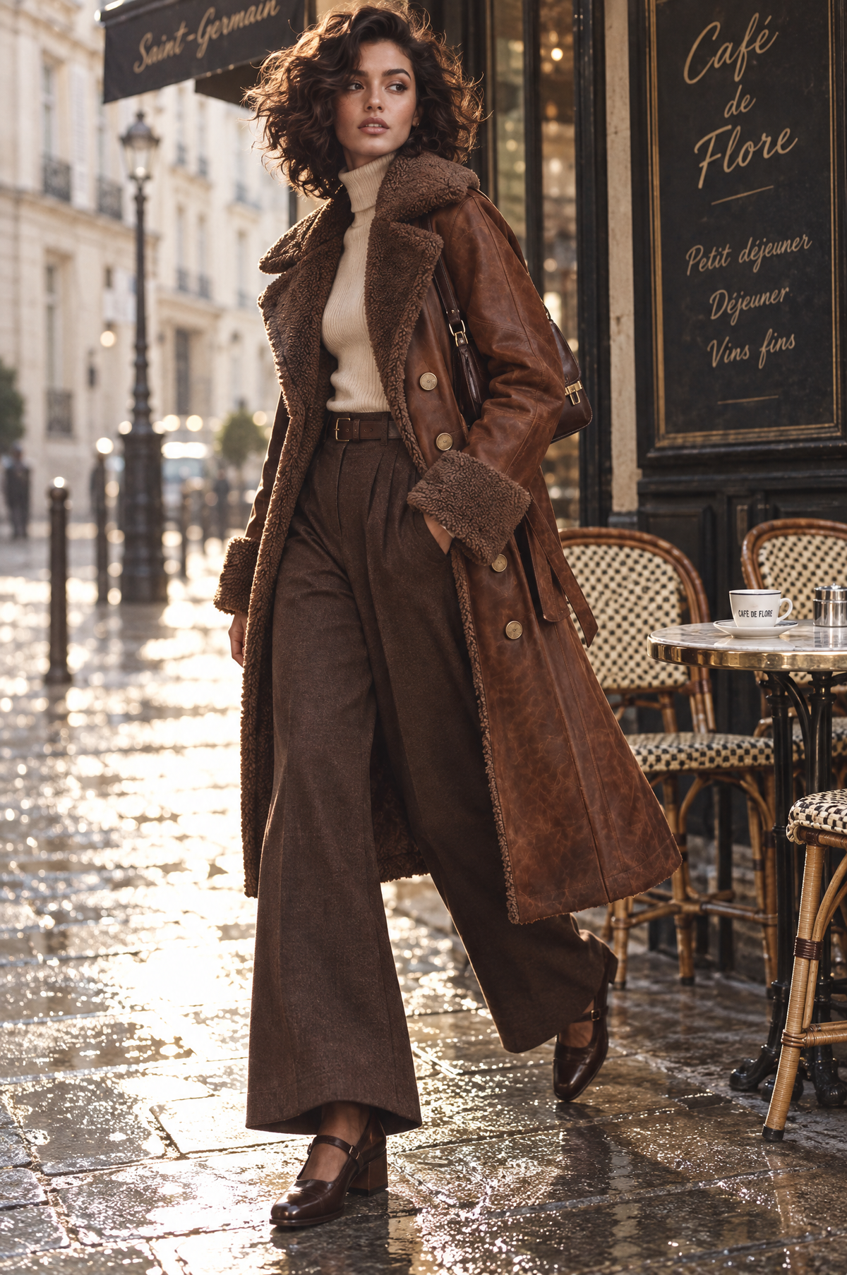 Gabardina de Piel para Mujer con Ribete de Borrego Sintético - Café - M