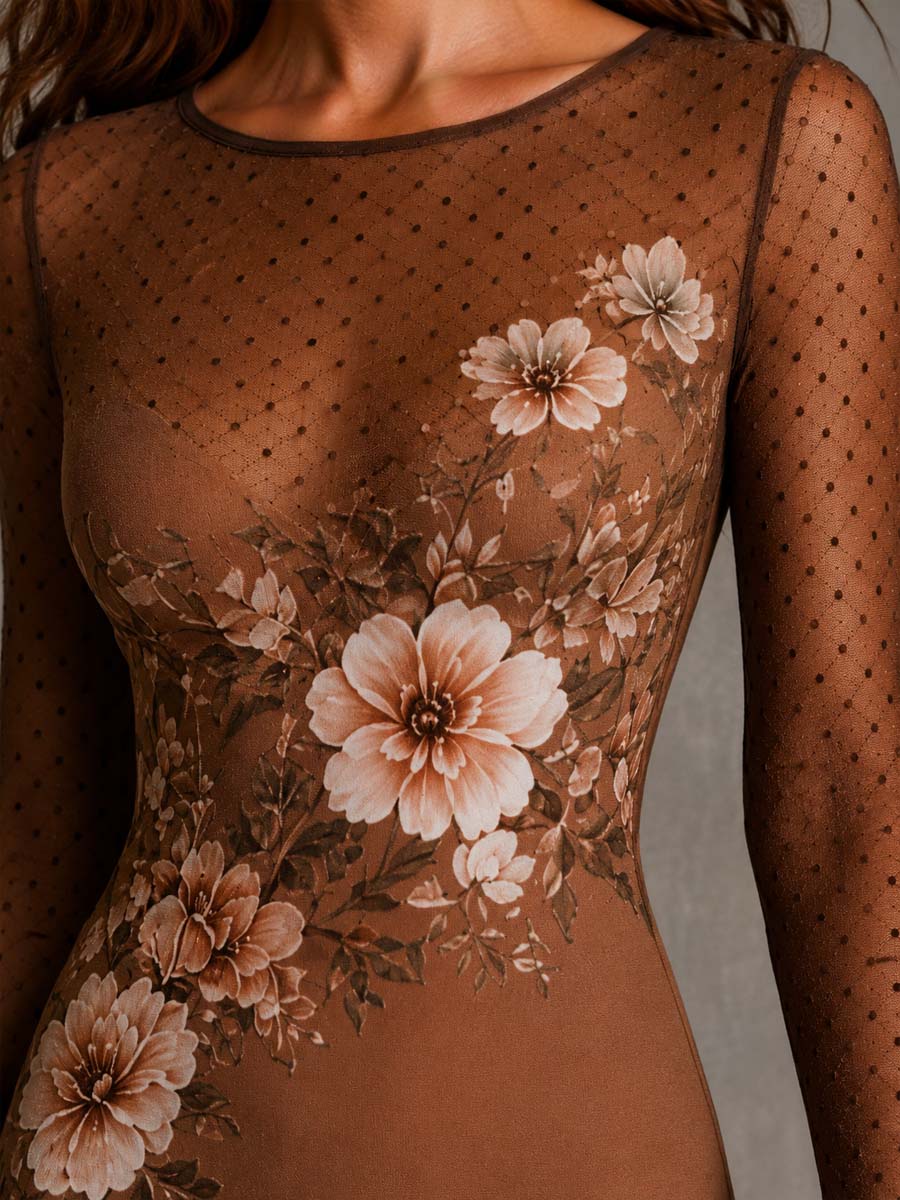 Vestido Midi Bodycon de Manga Larga con Estampado Floral Vintage y Malla de Lunares - Caramelo - L