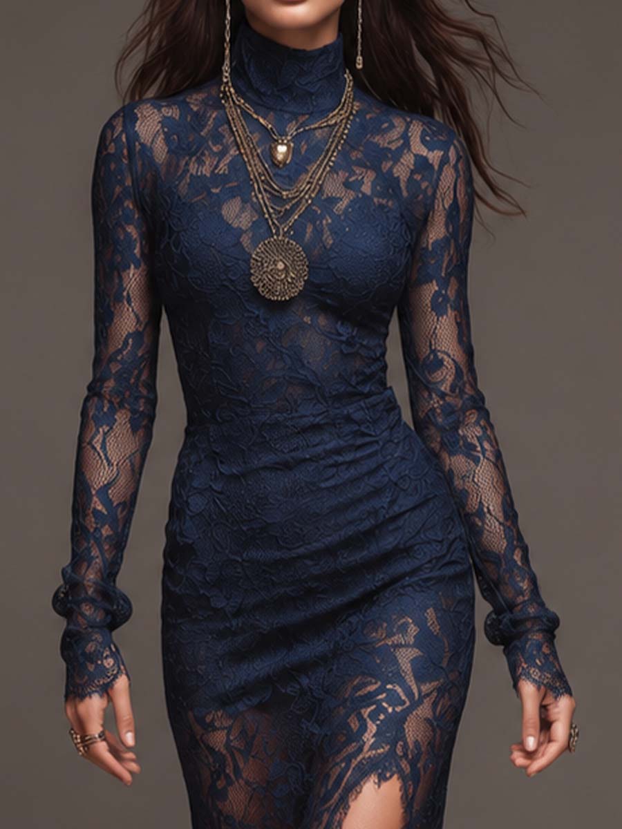 Vestido Midi Bodycon Bohemio Romántico de Encaje Floral Festoneado con Cuello Alto, Manga Larga, Fruncido Lateral y Abertura Alta - Azul Marino - XL