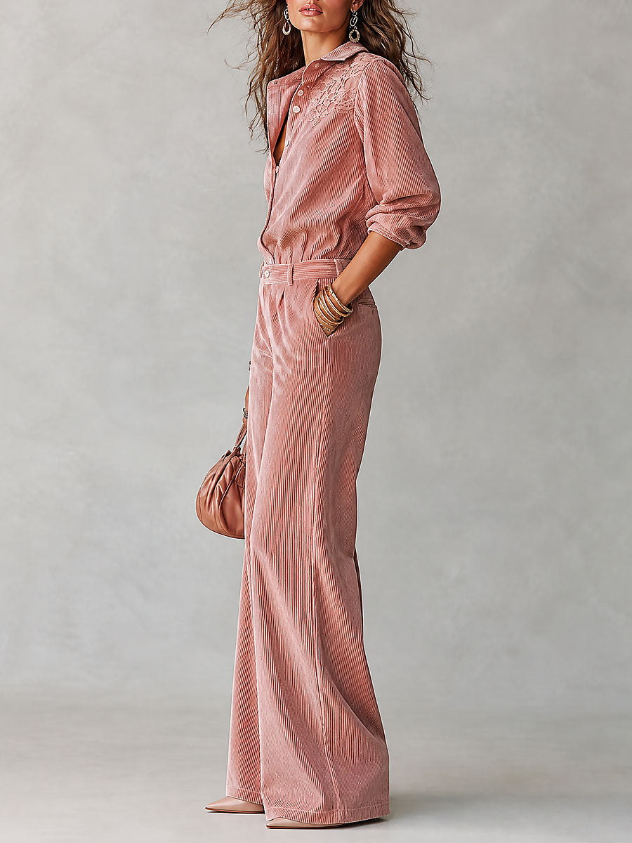 Conjunto Boho de Camisa de Pana con Encaje y Pantalón de Pierna Ancha - Rosa - M