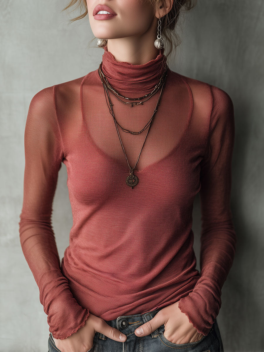 Suéter Retro Entallado de Punto Transparente con Cuello Alto Color Frambuesa - Frambuesa - XS