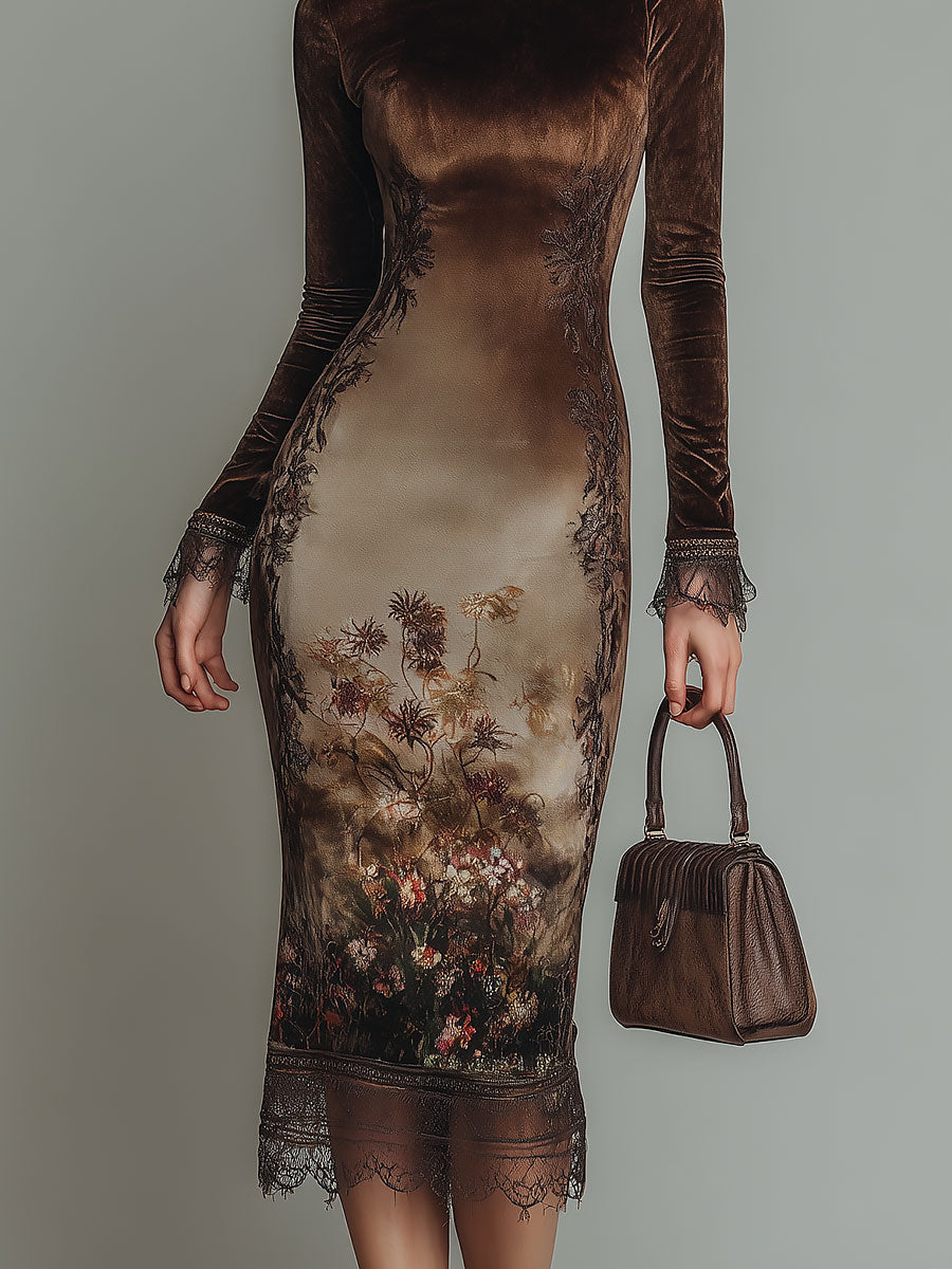 Vestido Midi Elegante de Terciopelo Estampado con Cuello Redondo y Ribete de Encaje - Café - L