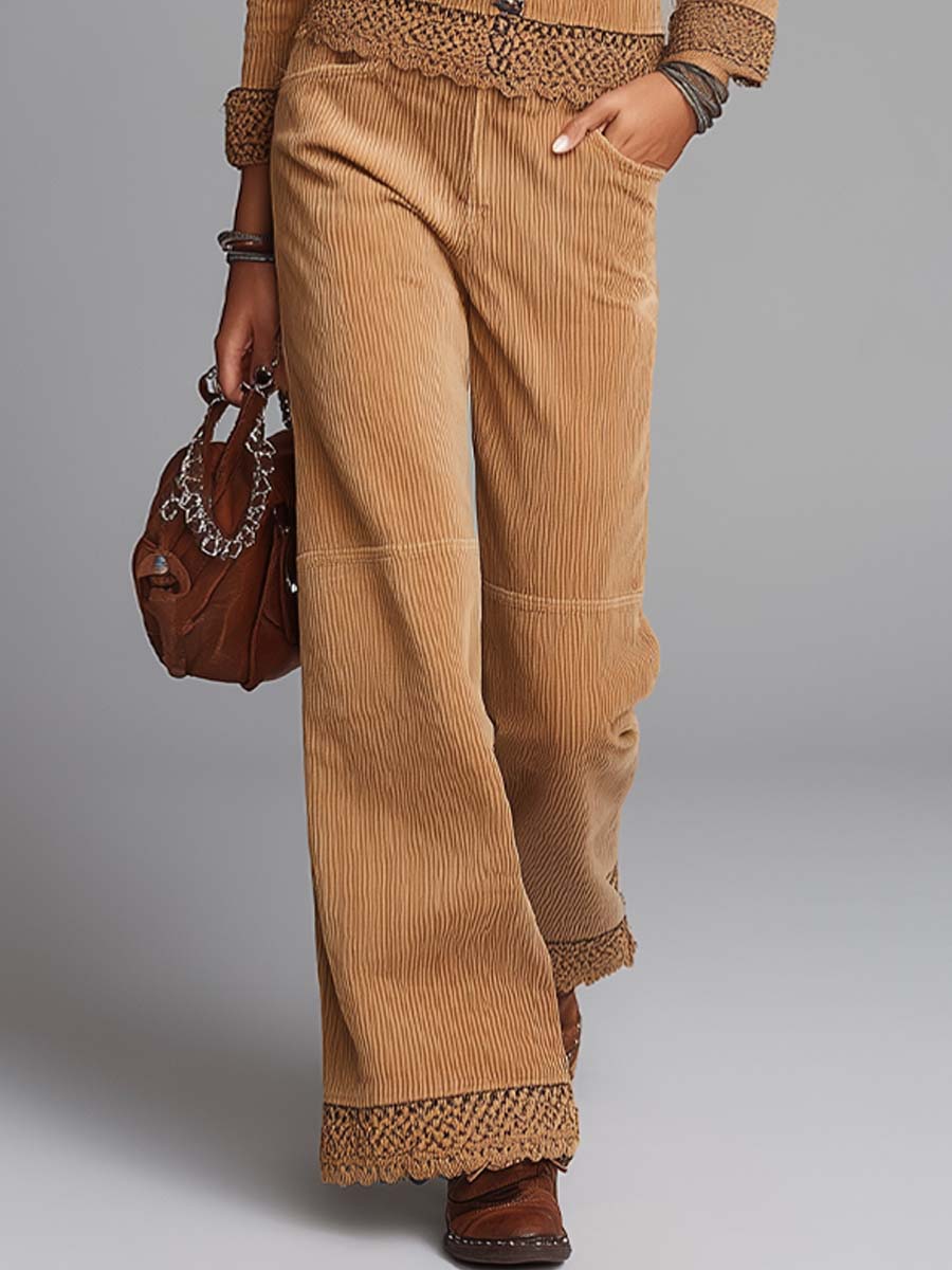 Conjunto Vintage de Pana con Ribete de Encaje - Beige - M