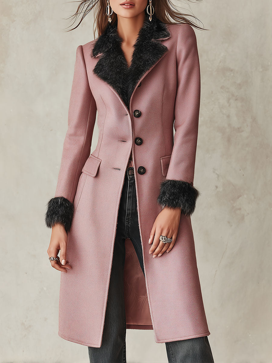 Abrigo Midi Entallado de Estilo Vintage en Mezcla de Lana con Ribete Mullido - Rosa - XS