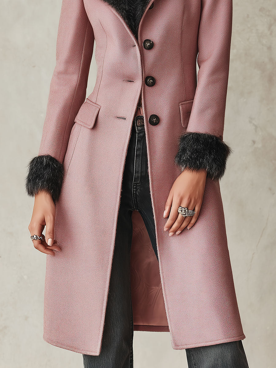Abrigo Midi Entallado de Estilo Vintage en Mezcla de Lana con Ribete Mullido - Rosa - XL