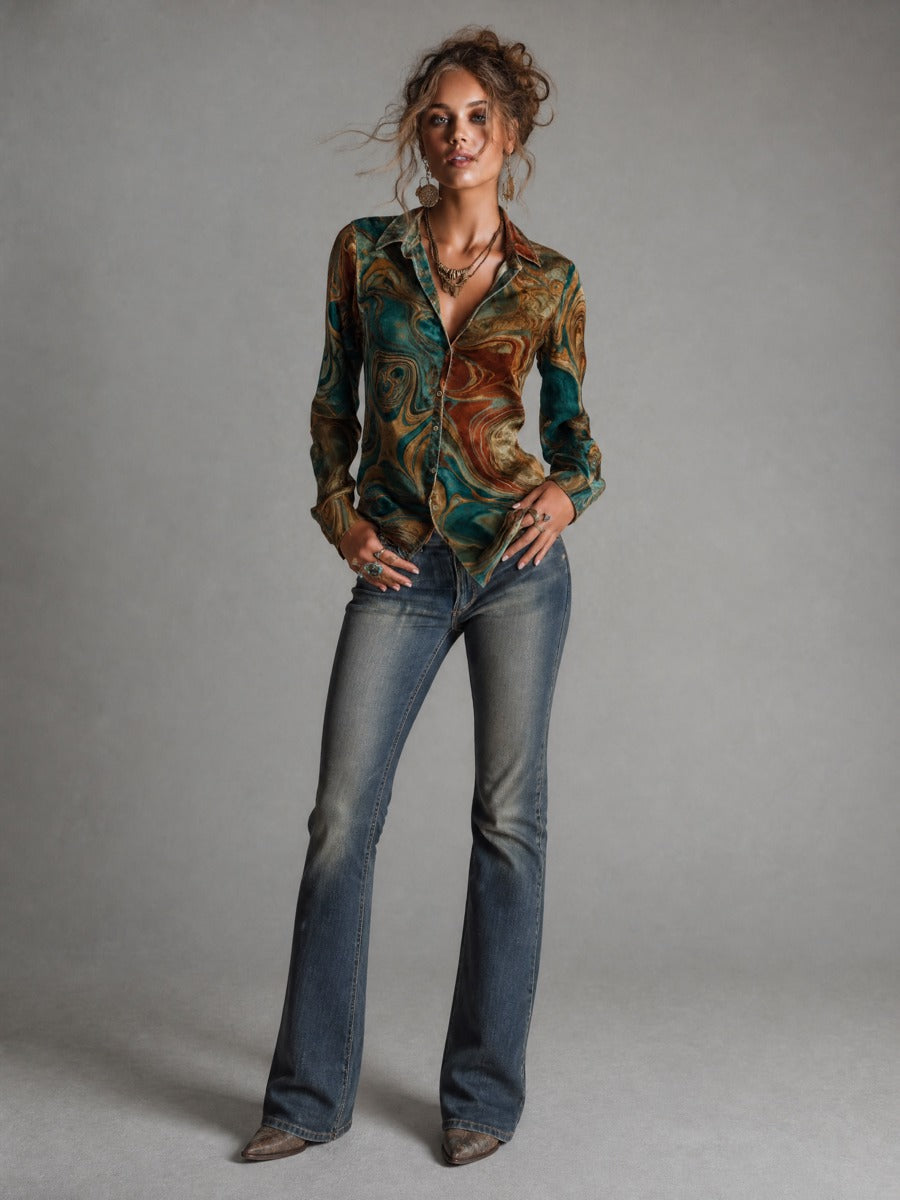 Blusa Vintage de Terciopelo con Estampado de Mármol, Manga Larga y Botones - Verde Azulado - L