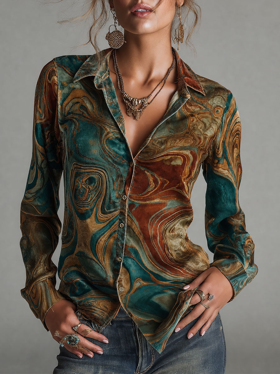 Blusa Vintage de Terciopelo con Estampado de Mármol, Manga Larga y Botones - Verde Azulado - XS