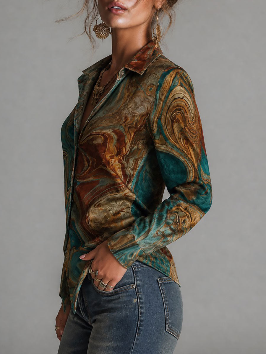 Blusa Vintage de Terciopelo con Estampado de Mármol, Manga Larga y Botones - Verde Azulado - XL