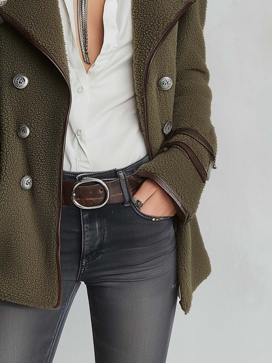 Abrigo Vintage con Ribete de Contraste y Cuello de Piel Sintética - Olive Green - M