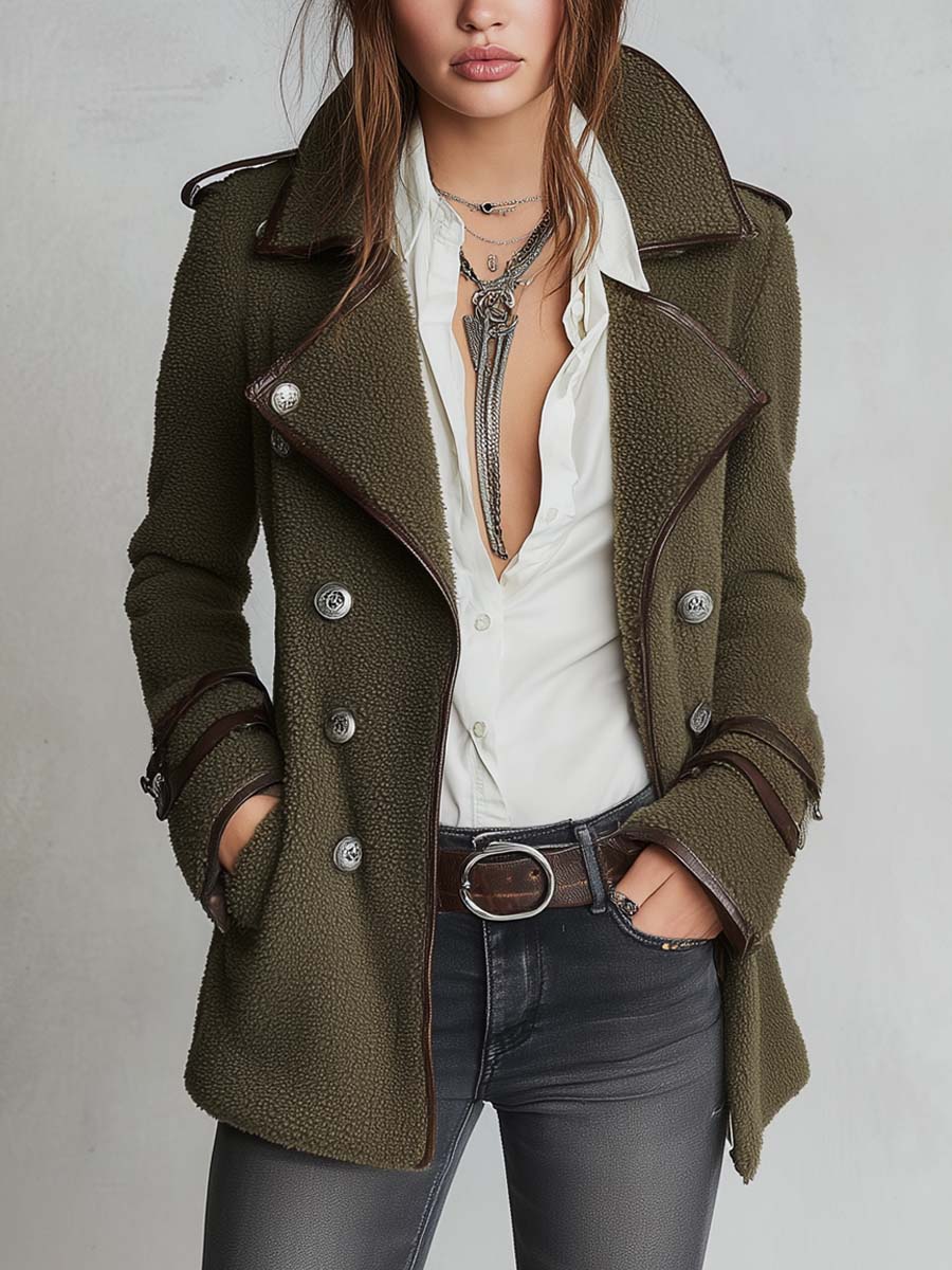 Abrigo Vintage con Ribete de Contraste y Cuello de Piel Sintética - Olive Green - XS