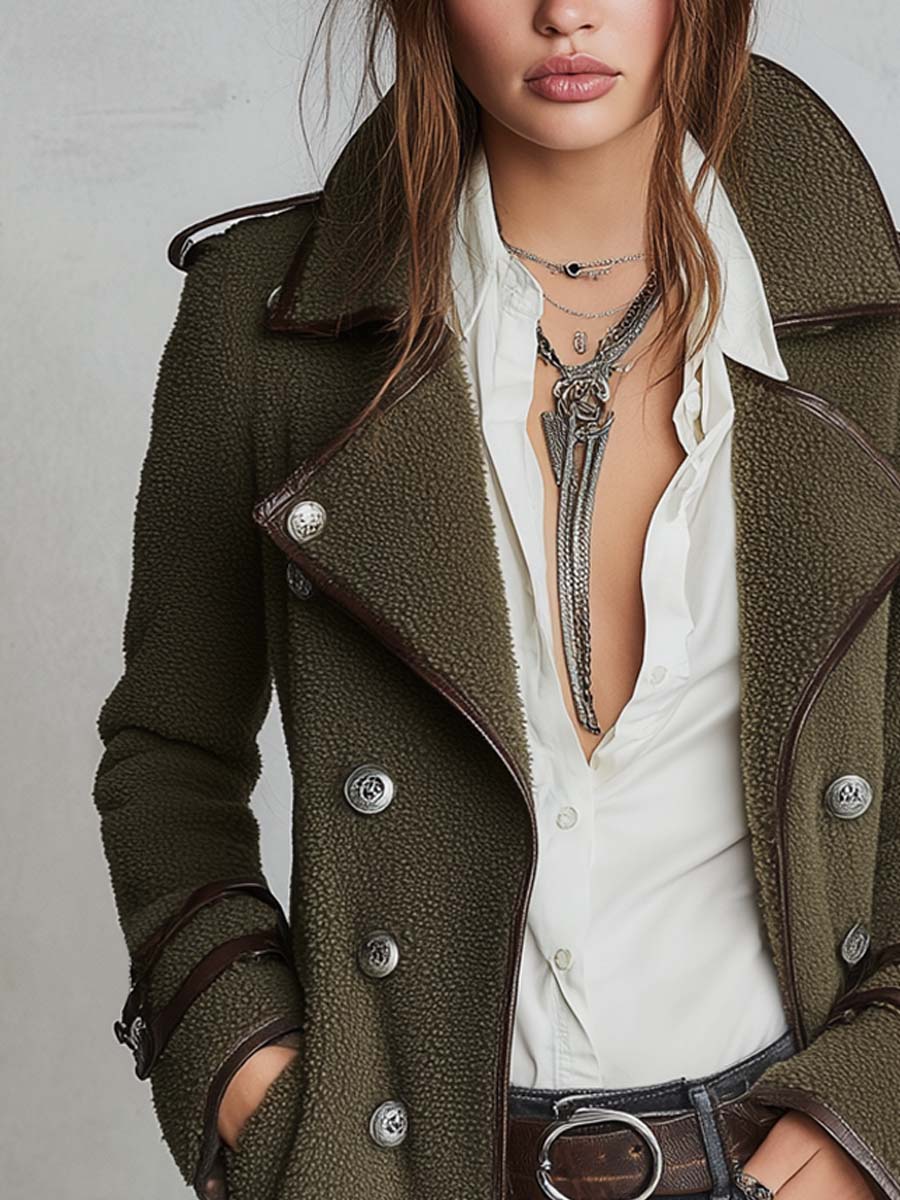 Abrigo Vintage con Ribete de Contraste y Cuello de Piel Sintética - Olive Green - S