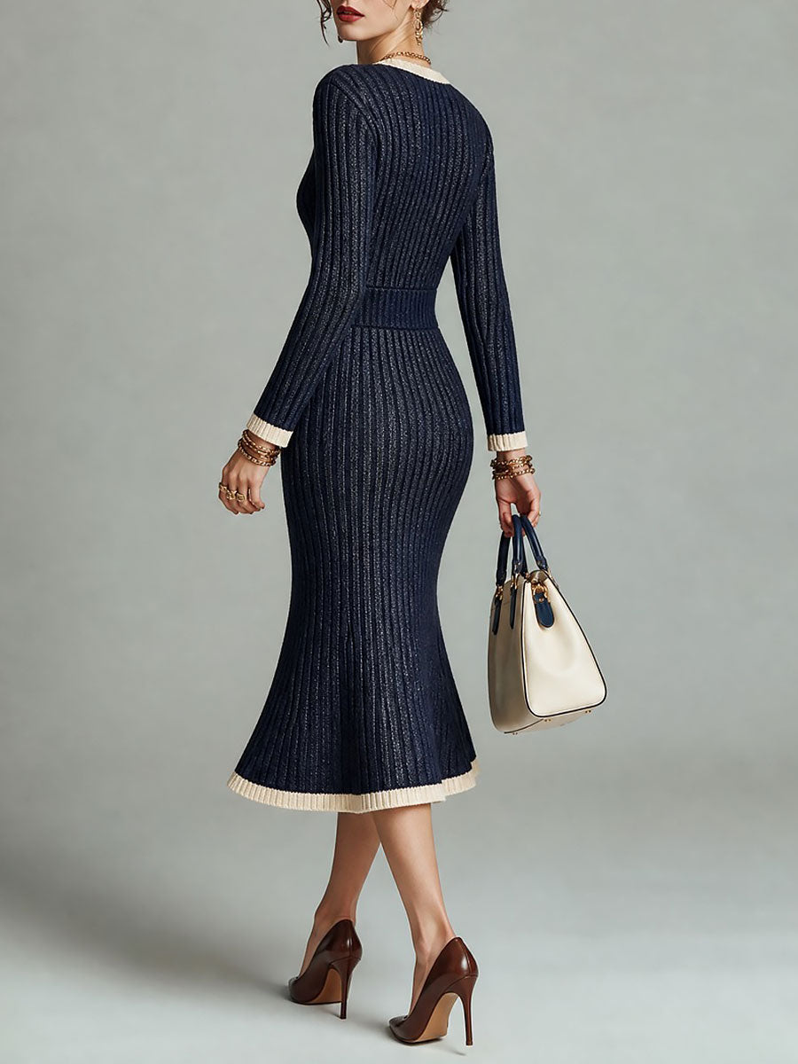 Vestido Midi Sirena Elegante de Punto Acanalado con Cuello en V, Manga Larga y Ribete en Contraste - Azul Marino - XL