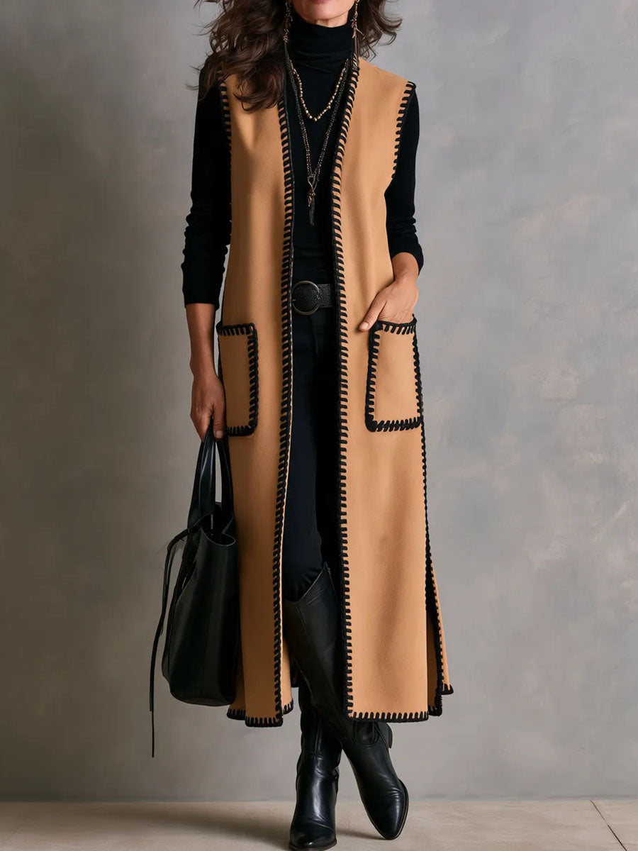 Abrigo Negro Sin Mangas Estilo Western Nomádico en Gamuza Sintética con Costura Trenzada - Camel - XS