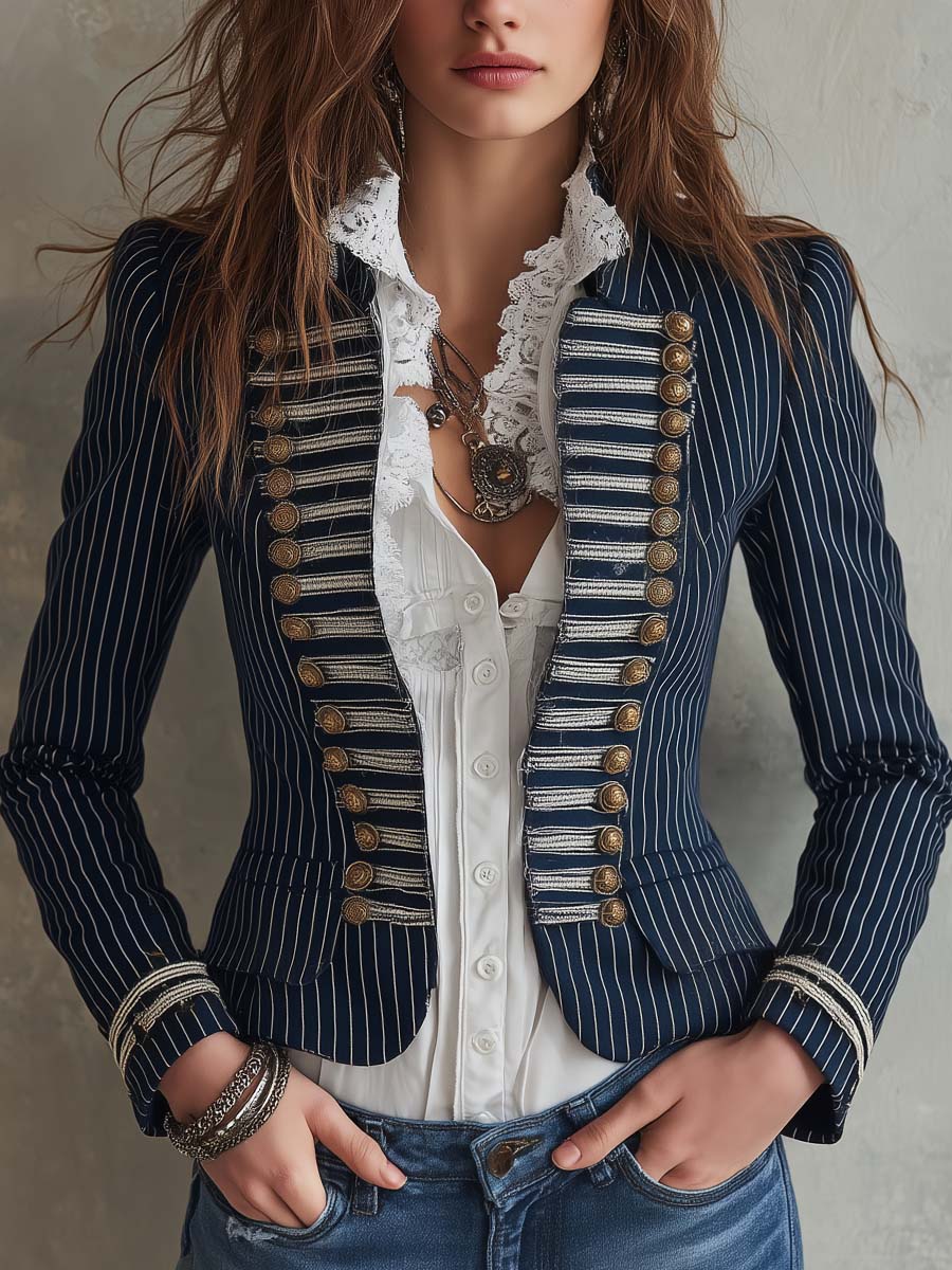 Blazer de Rayas Diplomáticas Estilo Militar para Mujer con Ribete Trenzado y Detalles de Botones - Azul Marino - XS