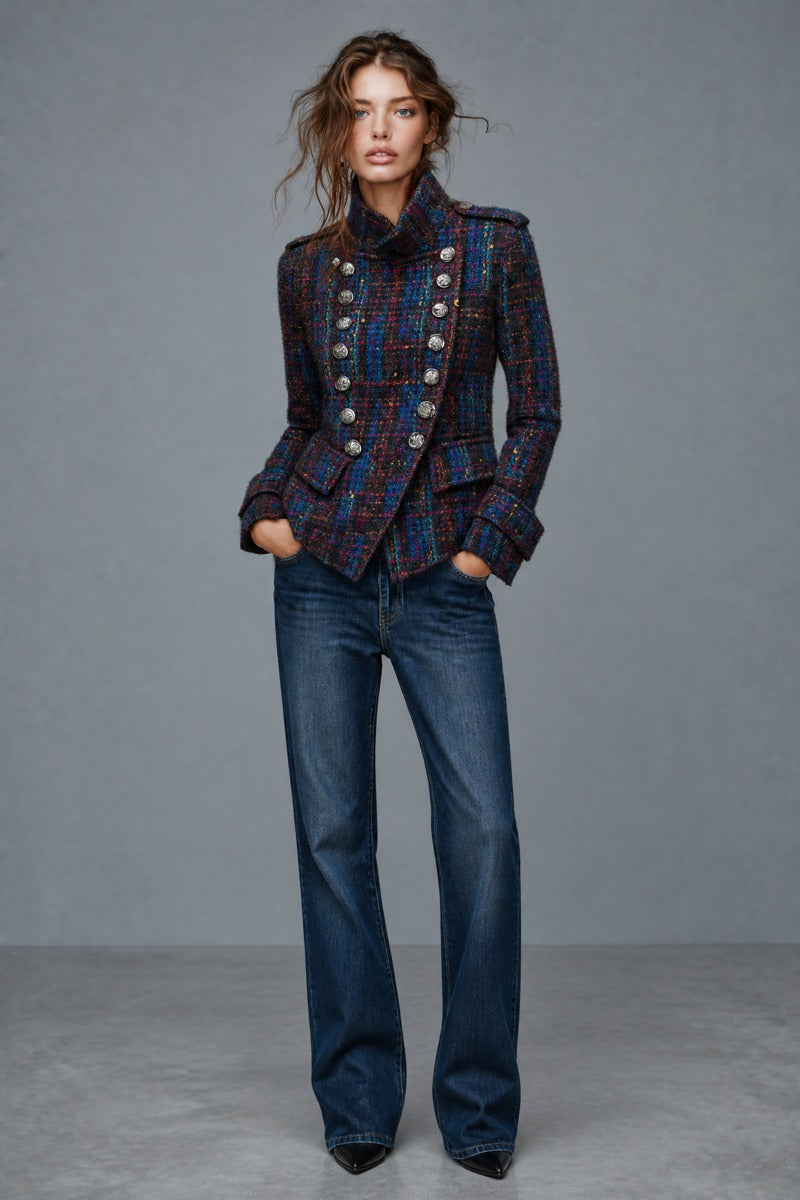 Abrigo Retro de Tweed Estilo Militar con Doble Botonadura y Botones Metálicos - Royal Blue - M