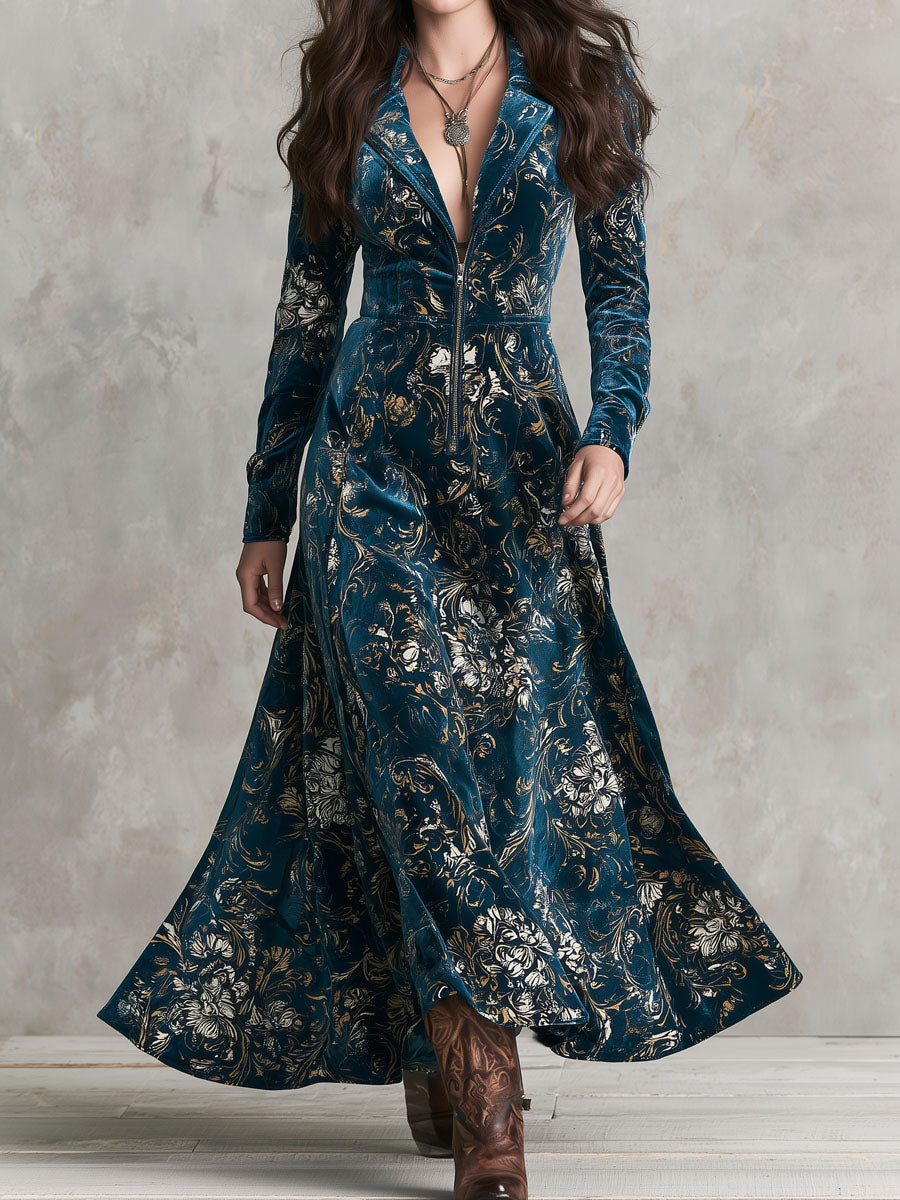 Vestido Maxi Boho Vintage de Terciopelo Acampanado con Estampado Floral Dorado, Solapa y Cierre al Frente - Verde Azulado - XS