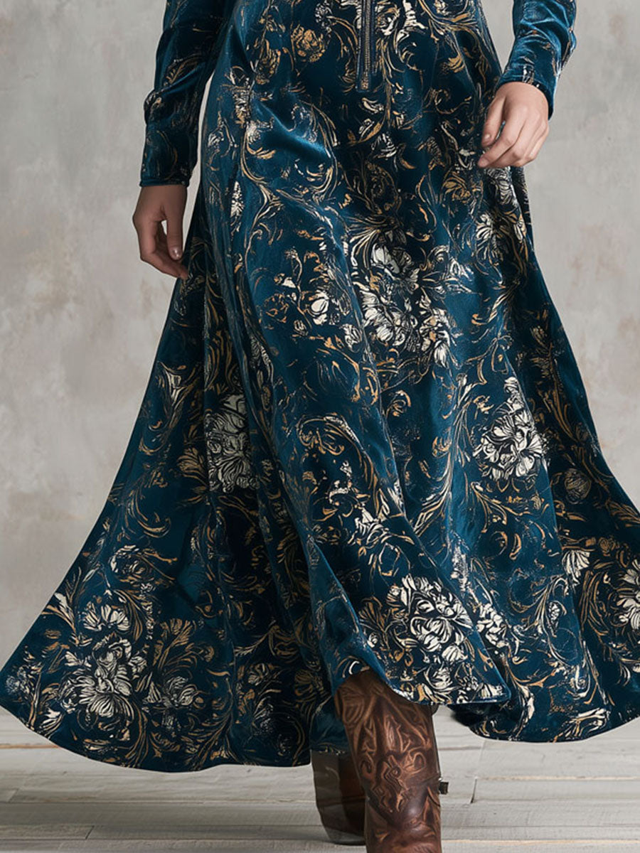 Vestido Maxi Boho Vintage de Terciopelo Acampanado con Estampado Floral Dorado, Solapa y Cierre al Frente - Verde Azulado - M