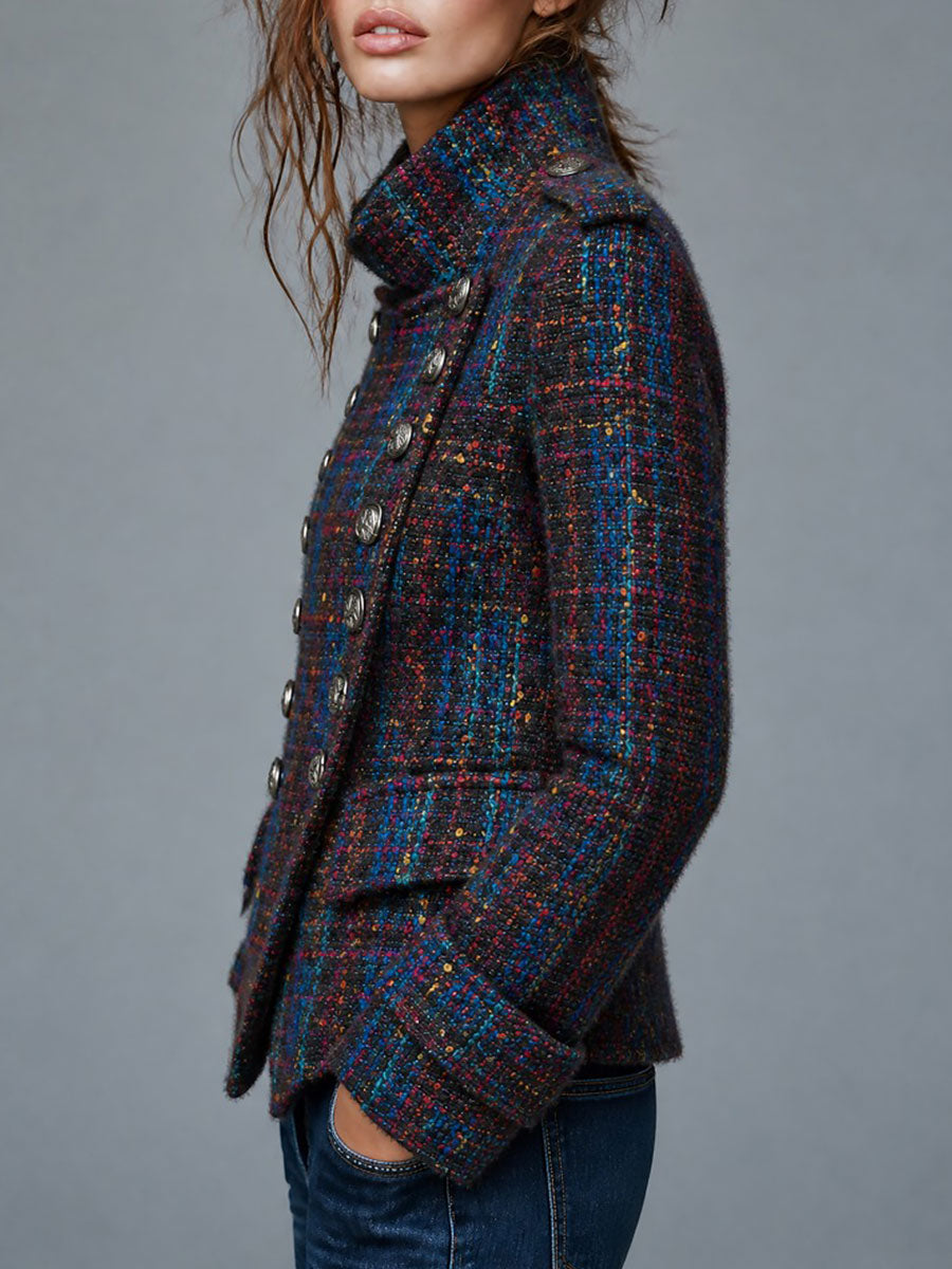 Abrigo Retro de Tweed Estilo Militar con Doble Botonadura y Botones Metálicos - Royal Blue - L