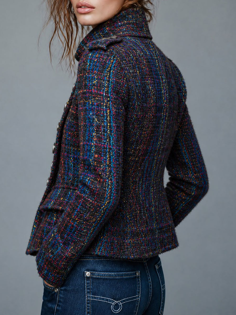 Abrigo Retro de Tweed Estilo Militar con Doble Botonadura y Botones Metálicos - Royal Blue - XL