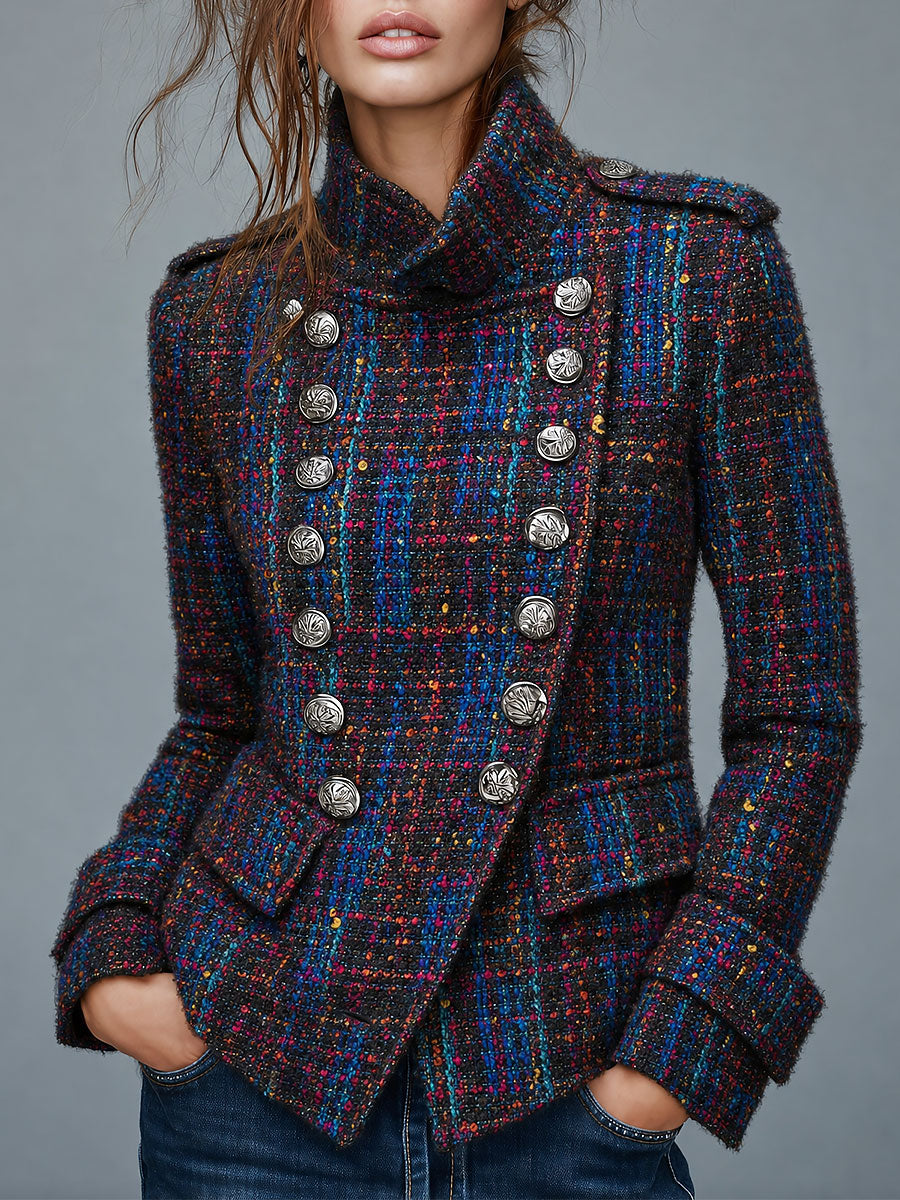 Abrigo Retro de Tweed Estilo Militar con Doble Botonadura y Botones Metálicos - Royal Blue - XS
