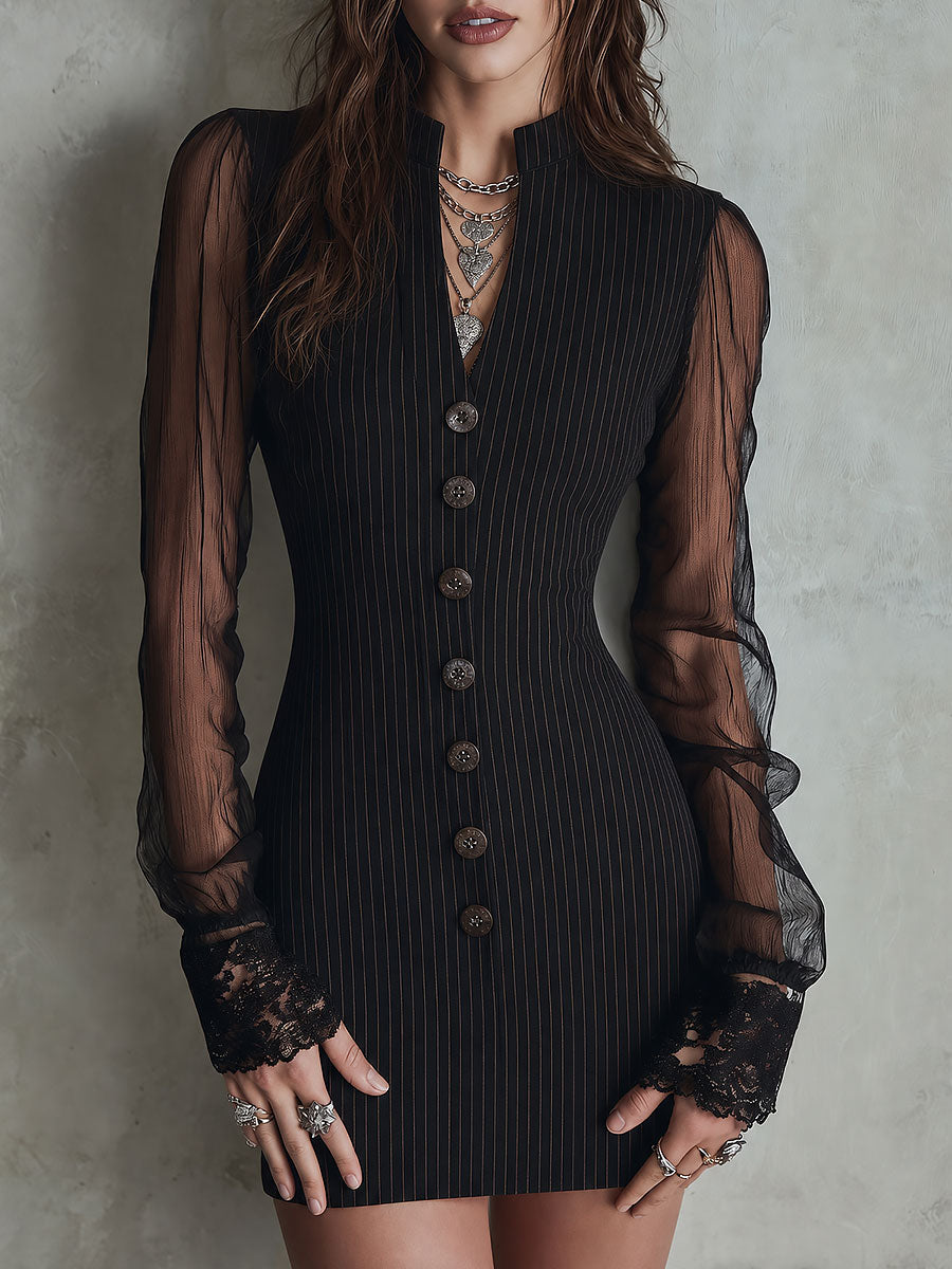 Minivestido Retro de Rayas Diplomáticas con Botones, Mangas de Malla Transparente y Puños de Encaje - Negro - XS