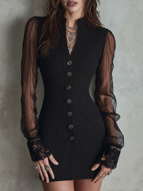 Minivestido Retro de Rayas Diplomáticas con Botones, Mangas de Malla Transparente y Puños de Encaje - Negro - XS