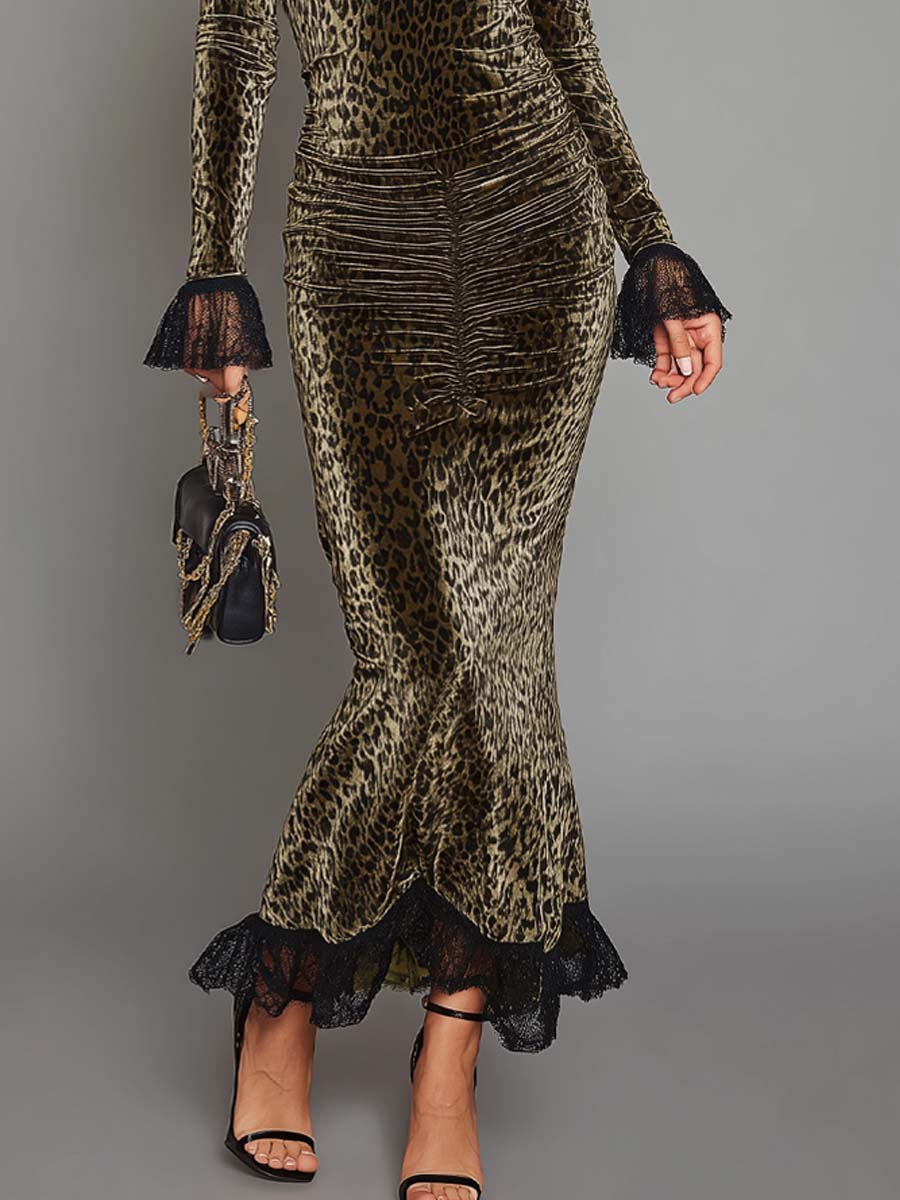 Vestido Maxi de Noche Estilo Vintage de Terciopelo de Poliéster con Estampado de Leopardo - Verde Olivo - M