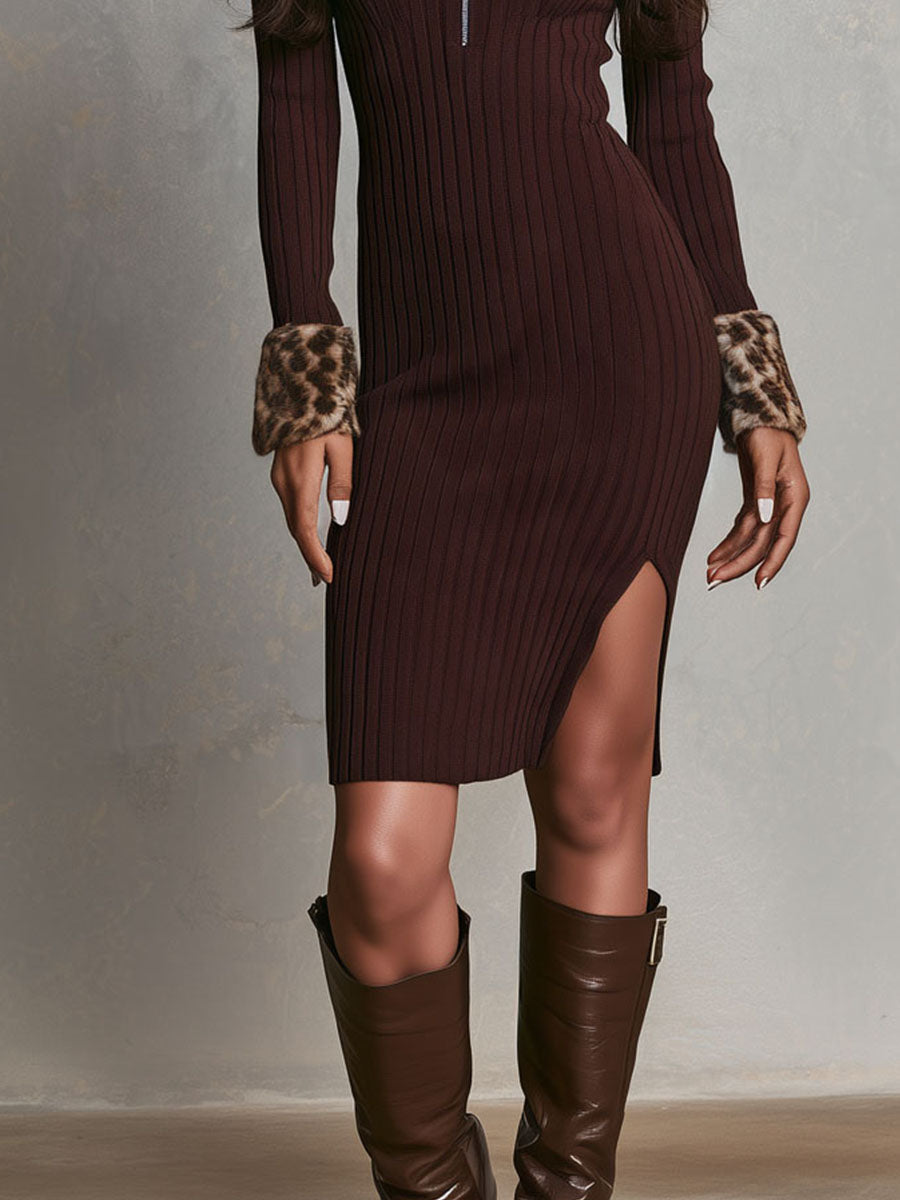 Vestido Bodycon Retro Estilo Vaquero de Punto con Ribete de Peluche de Leopardo y Abertura Lateral - Café - M