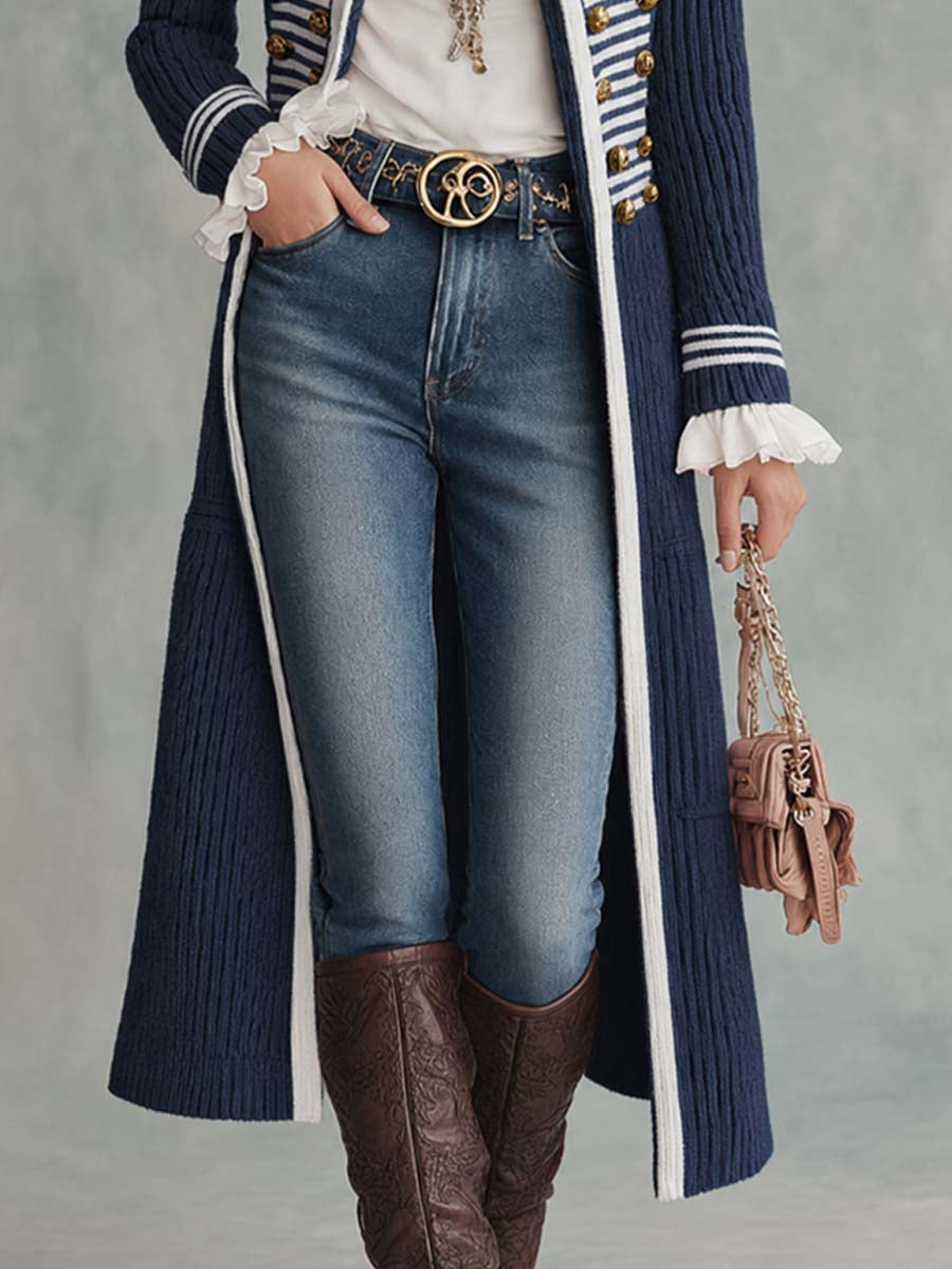 Abrigo Midi de Punto Vintage Estilo Militar con Botones Decorativos - Azul Marino - S