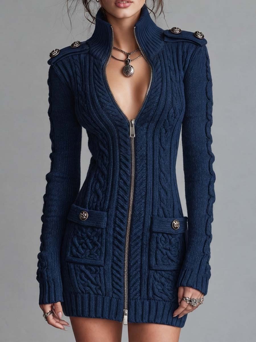 Vestido Suéter Vintage Estilo Militar de Punto Trenzado con Cierre y Detalle de Botones - Azul Marino - XS