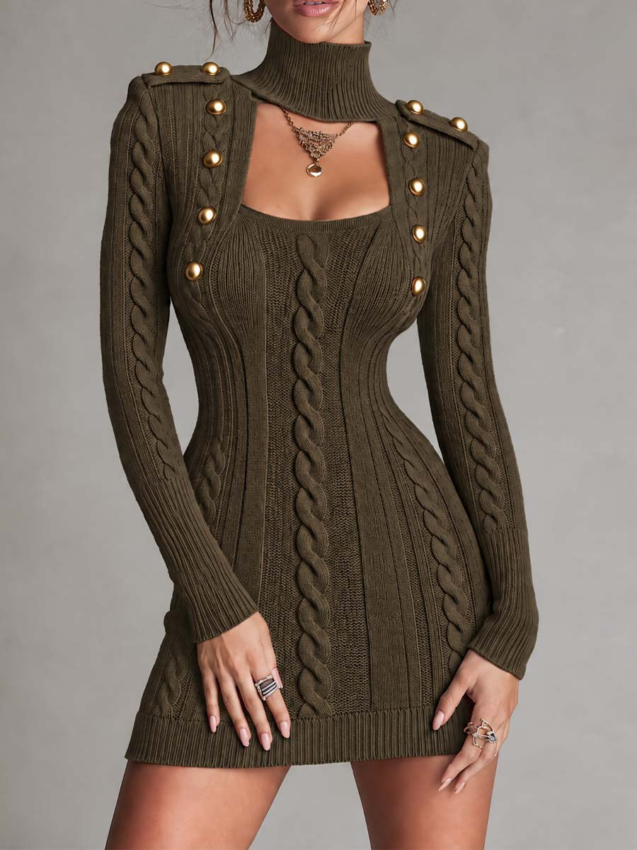 Vestido Suéter Bodycon Estilo Militar de Punto Trenzado con Aberturas y Botones Dorados - Verde Olivo - XS