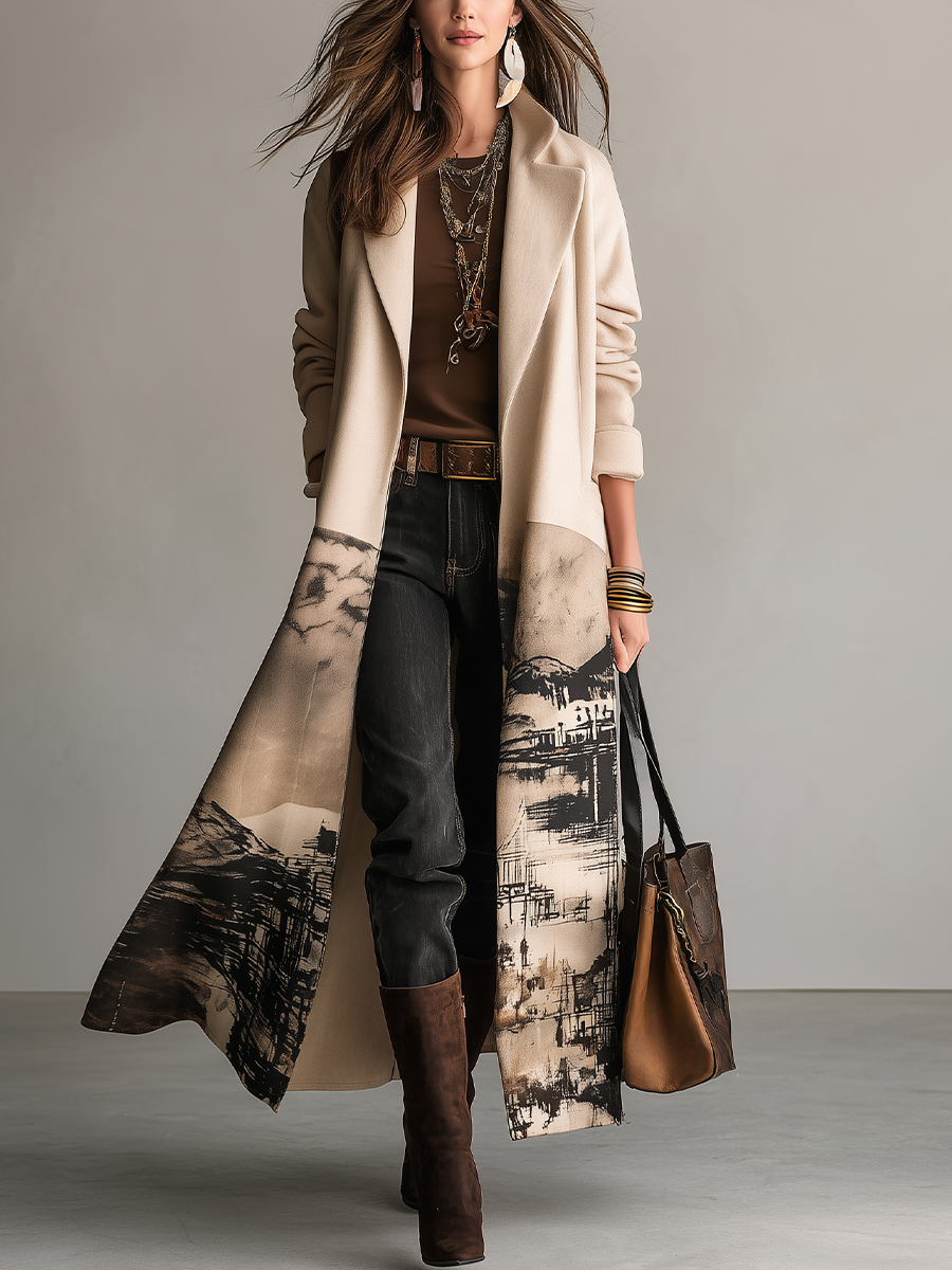 Abrigo Largo Artístico Crema con Estampado de Paisaje - Crema - XS