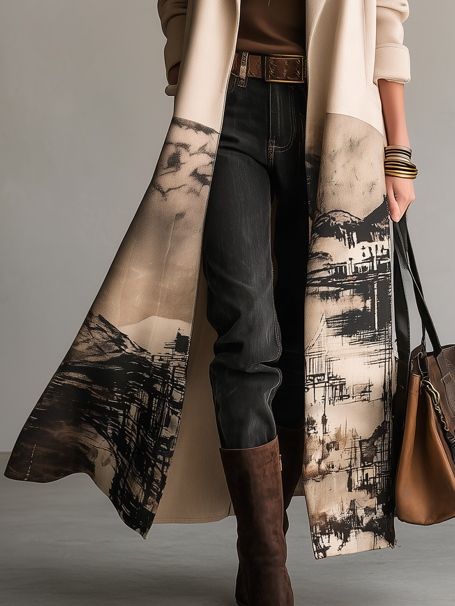 Abrigo Largo Artístico Crema con Estampado de Paisaje - Crema - M