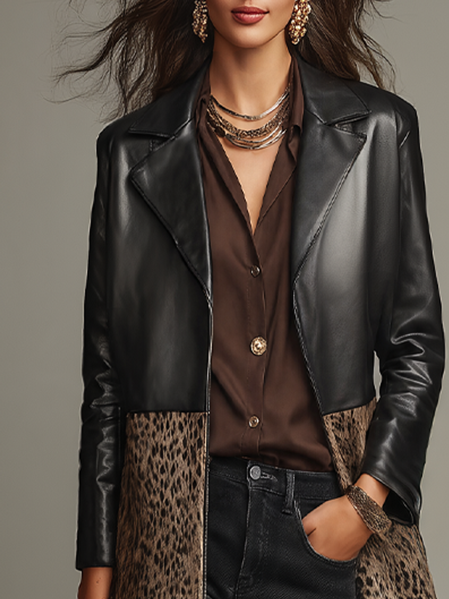 Abrigo Largo Negro con Paneles de Leopardo Estilo Atrevido - Black & Brown - S