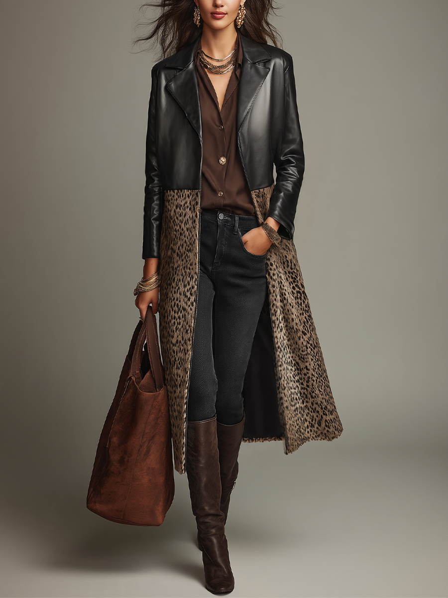 Abrigo Largo Negro con Paneles de Leopardo Estilo Atrevido - Black & Brown - XS