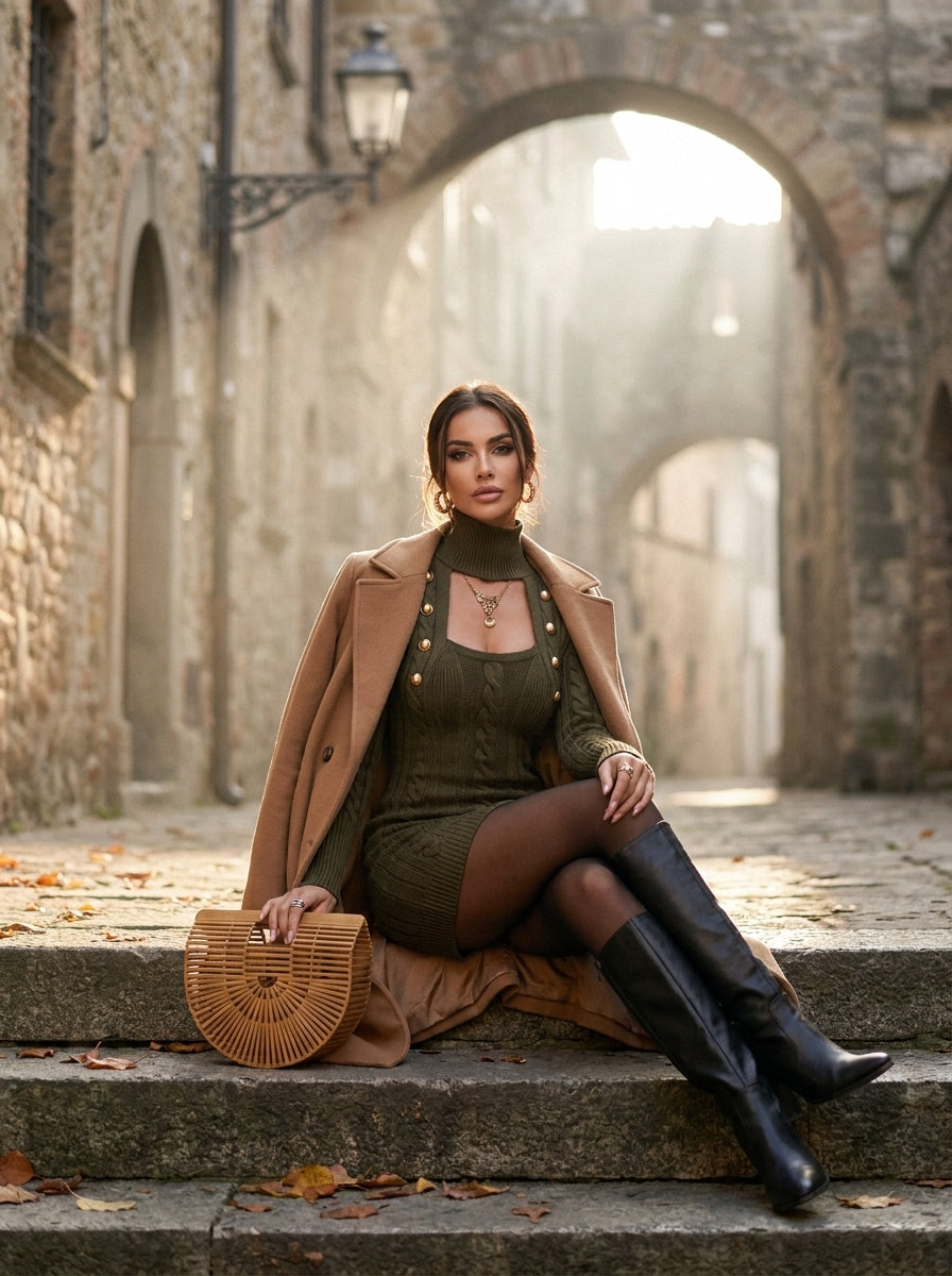 Vestido Suéter Bodycon Estilo Militar de Punto Trenzado con Aberturas y Botones Dorados - Verde Olivo - S