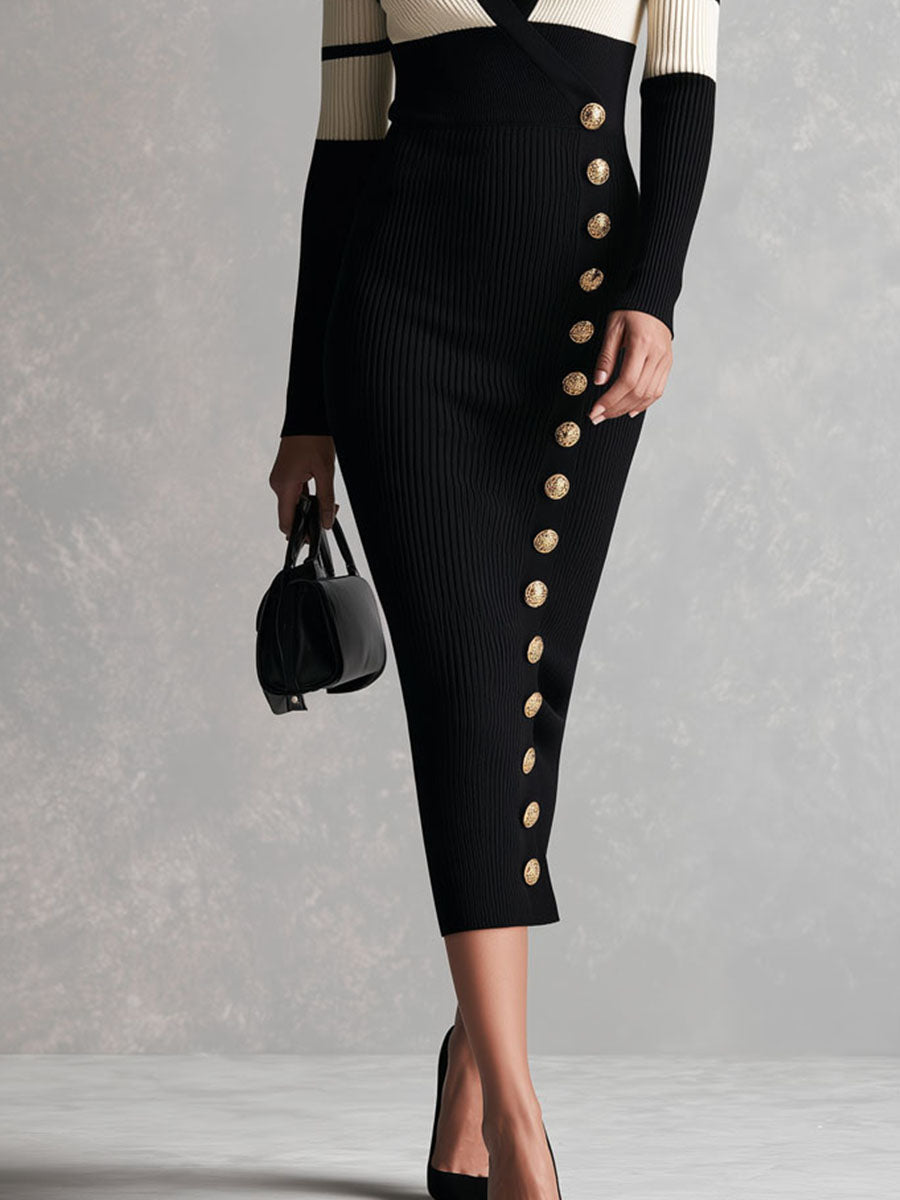 Vestido Midi de Punto Quiet Luxury a Rayas con Bloques de Color en Contraste y Botones Laterales - Negro - M