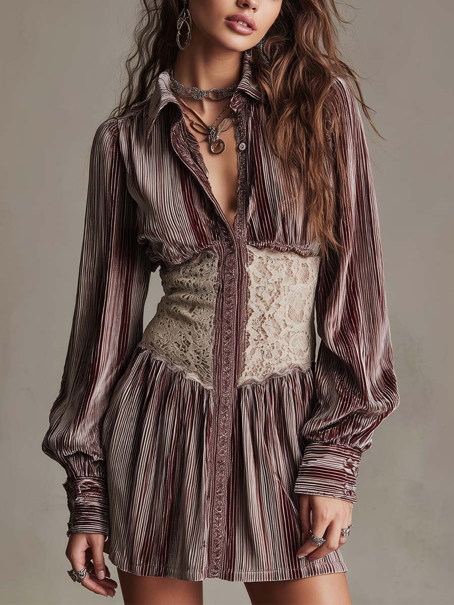 Minivestido Camisero Elegante de Terciopelo a Rayas con Cintura de Agujetas - Café - XS