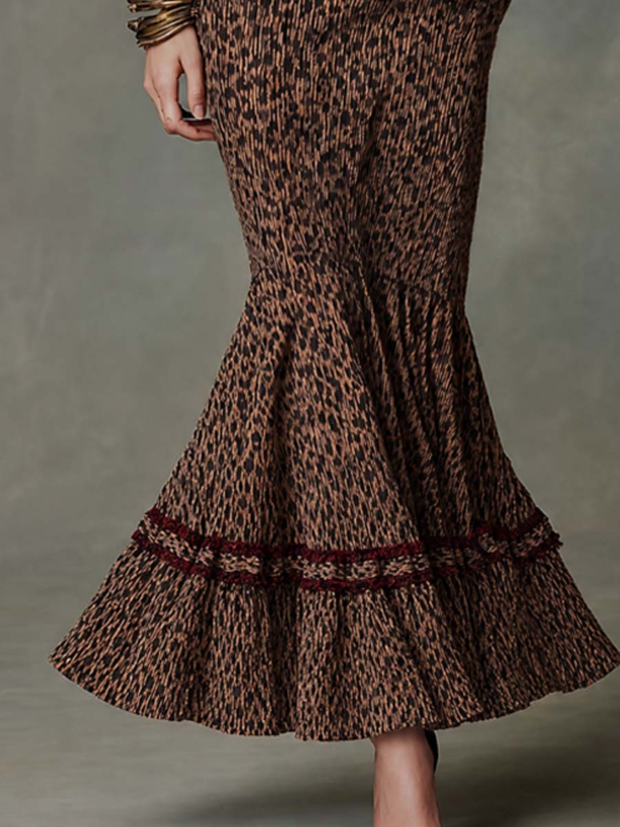Conjunto Retro de Dos Piezas con Textura y Estampado de Leopardo - Café - M