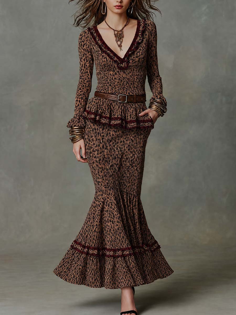 Conjunto Retro de Dos Piezas con Textura y Estampado de Leopardo - Café - XS