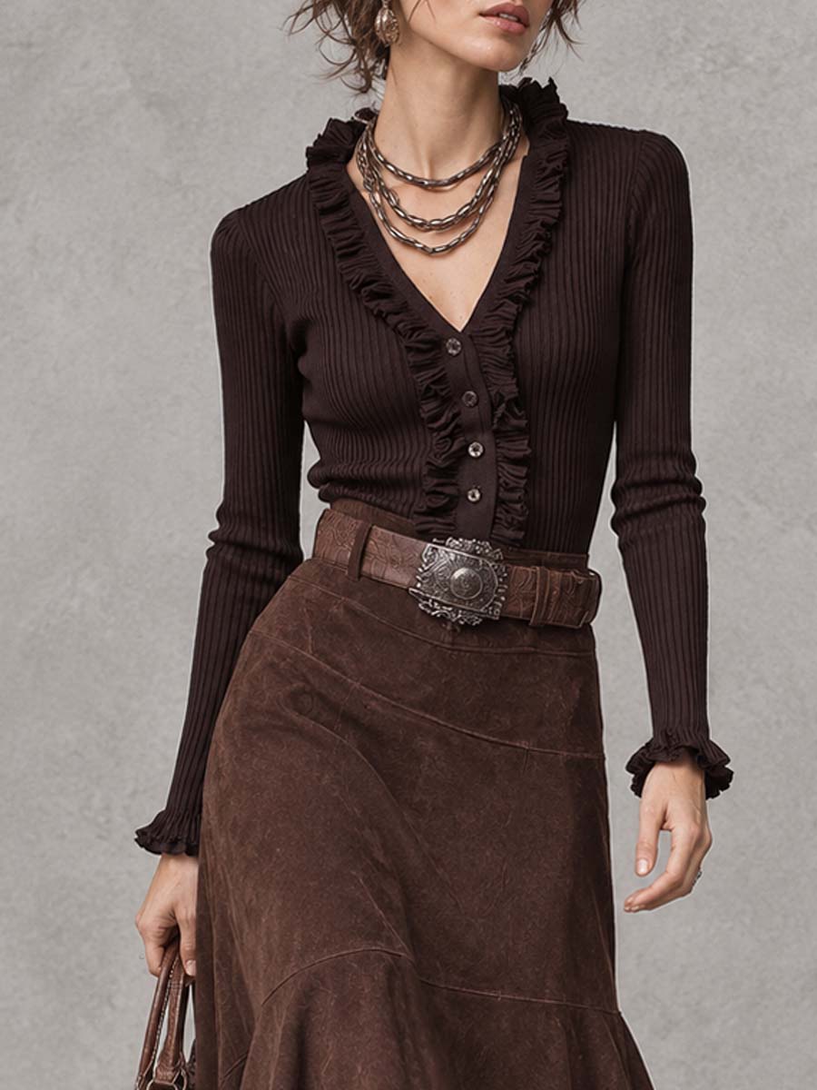 Conjunto de Dos Piezas: Blusa Acanalada con Cuello de Olanes y Falda de Gamuza - Café - S