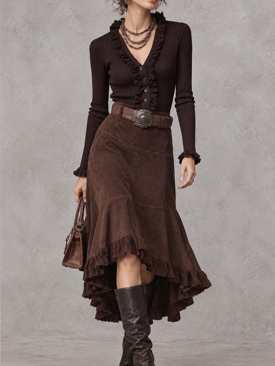 Conjunto de Dos Piezas: Blusa Acanalada con Cuello de Olanes y Falda de Gamuza - Café - XS
