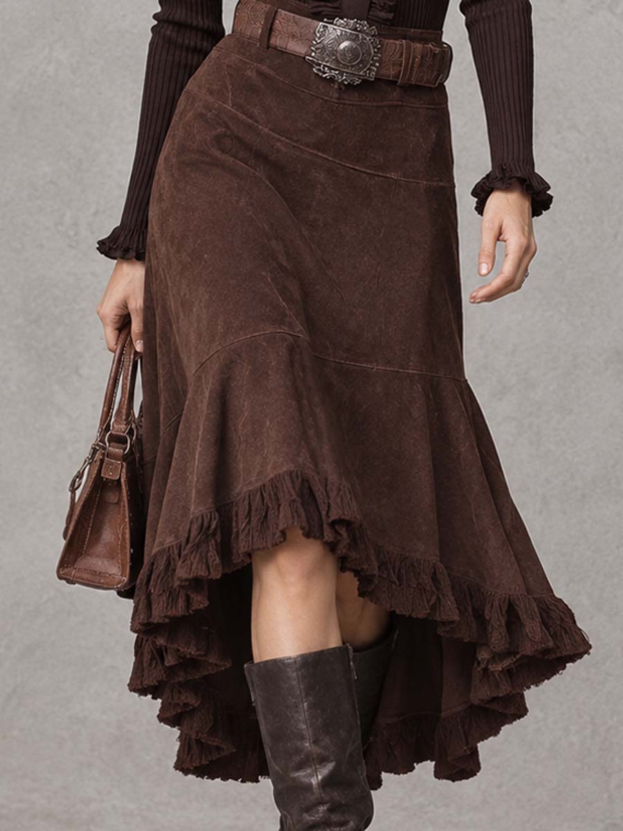 Conjunto de Dos Piezas: Blusa Acanalada con Cuello de Olanes y Falda de Gamuza - Café - M