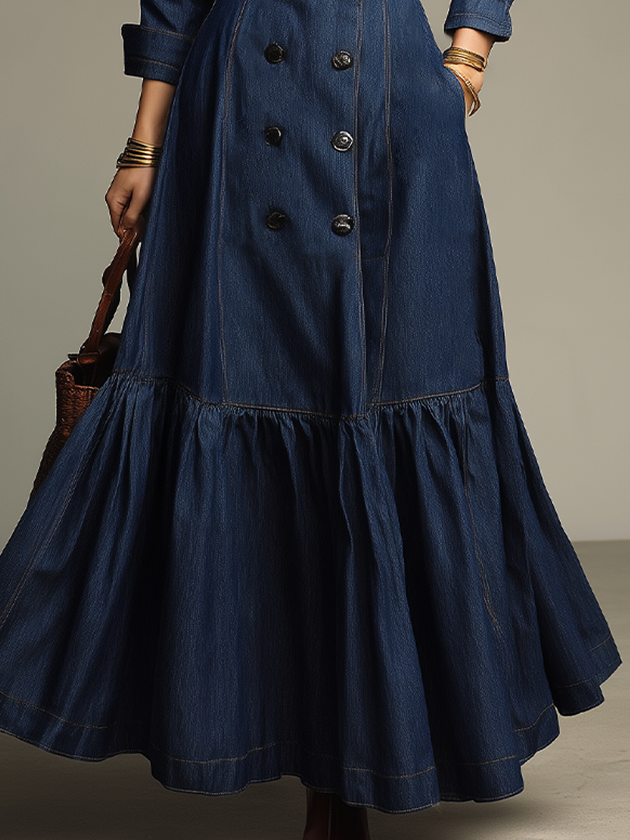Vestido Maxi Romántico de Mezclilla Índigo con Olanes y Cinturón - Azul - M