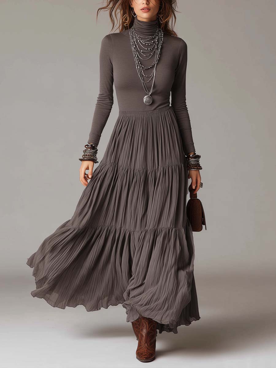 Vestido Maxi Suave de Cuello Alto con Falda Plisada - Gris - XS
